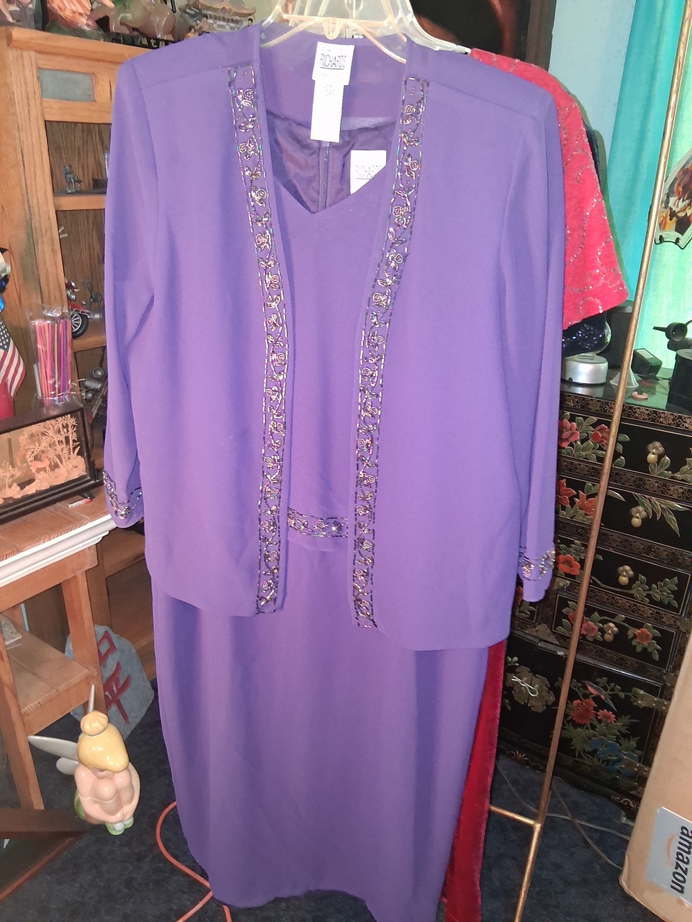 R & M Richards Purple Embellished Long Sleeve Two-Piece Dress Set